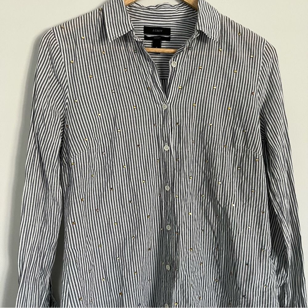 J. Crew Embellished Rhinestone Striped Perfect Button Down Shirt, Size 4 NWOT - Picture 4 of 11